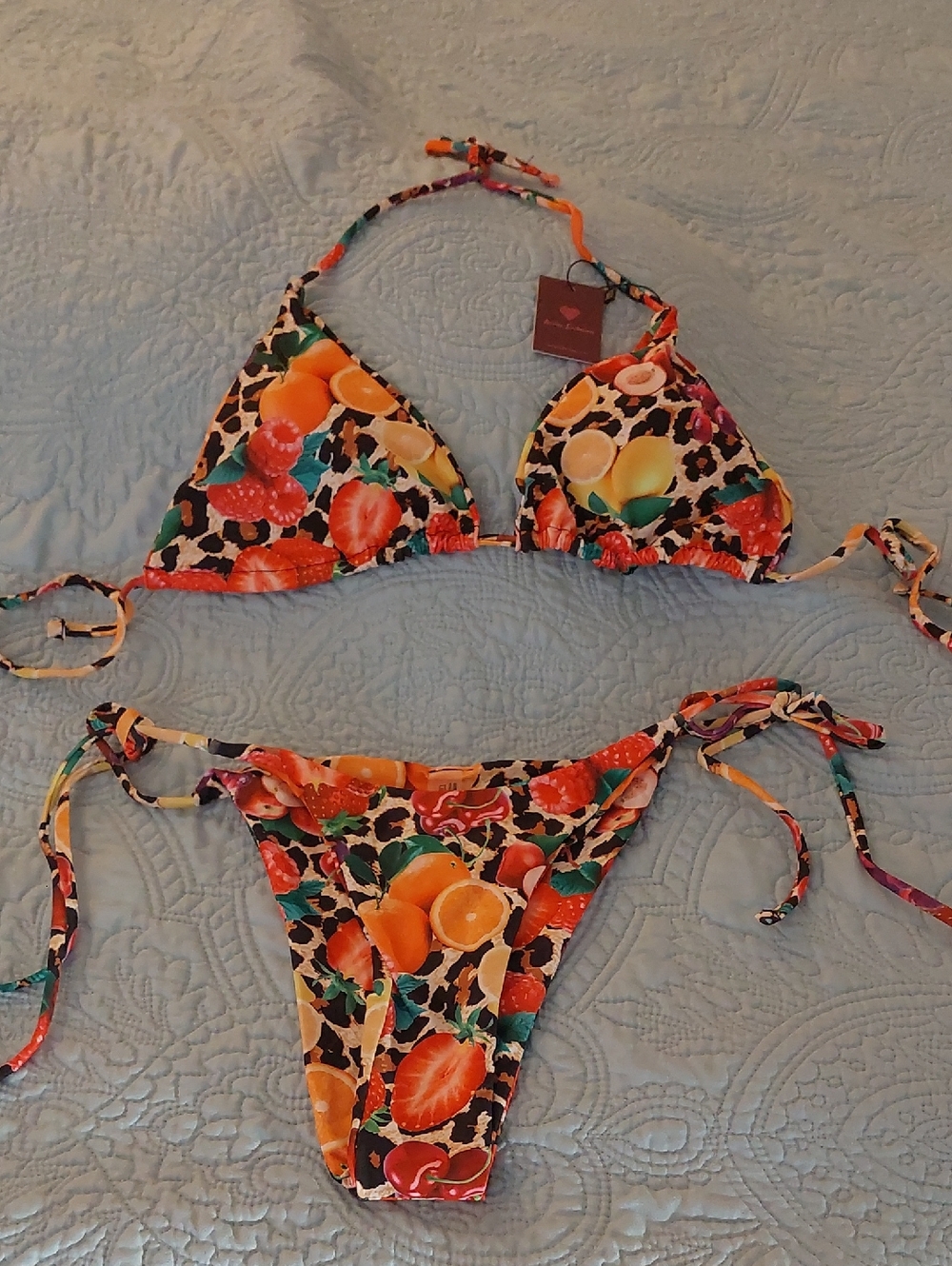 Fruit Print Triangle Bikini Set - Orange & Multi